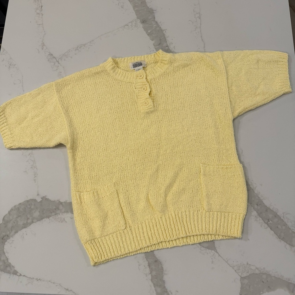 Vintage Here’s A Hug Short Sleeve Henley Chunky Knit Sweater Womens Large Yellow